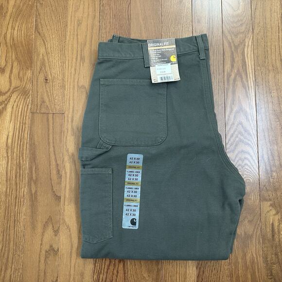NWT Carhartt B111 MOS Flannel Lined 42X30 Carpenter Pants Duck Green Dungaree - Picture 1 of 9